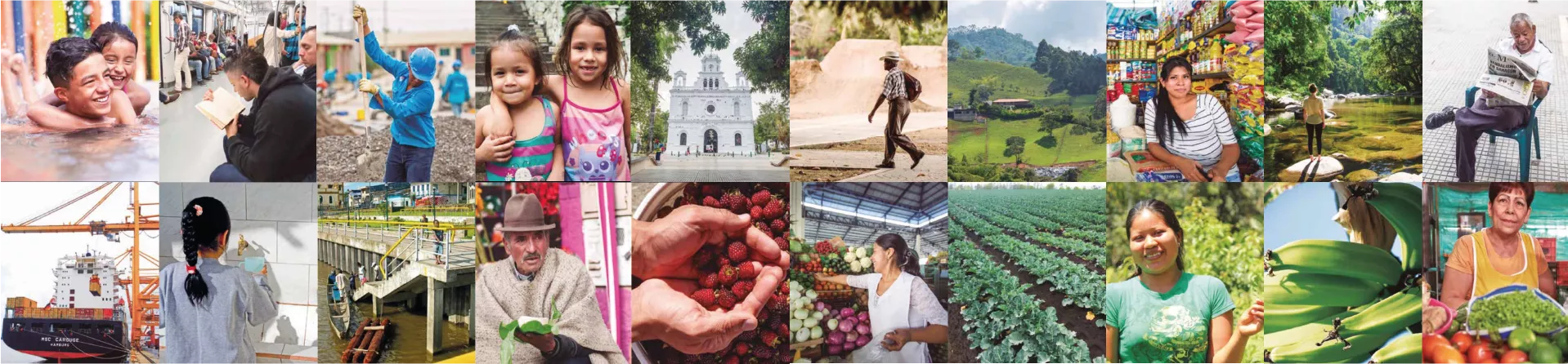 Collage de personas, comunidades, agricultura, comercio, infraestructura y paisajes rurales de América Latina