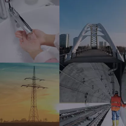 Collage sobre infraestructura y servicios: atención de salud, puente urbano, red eléctrica, túnel y obras ferroviarias