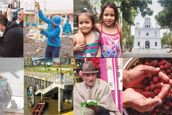 Collage de escenas de transporte, trabajo, infancia, patrimonio cultural, saneamiento, infraestructura fluvial, agricultura y producción de alimentos