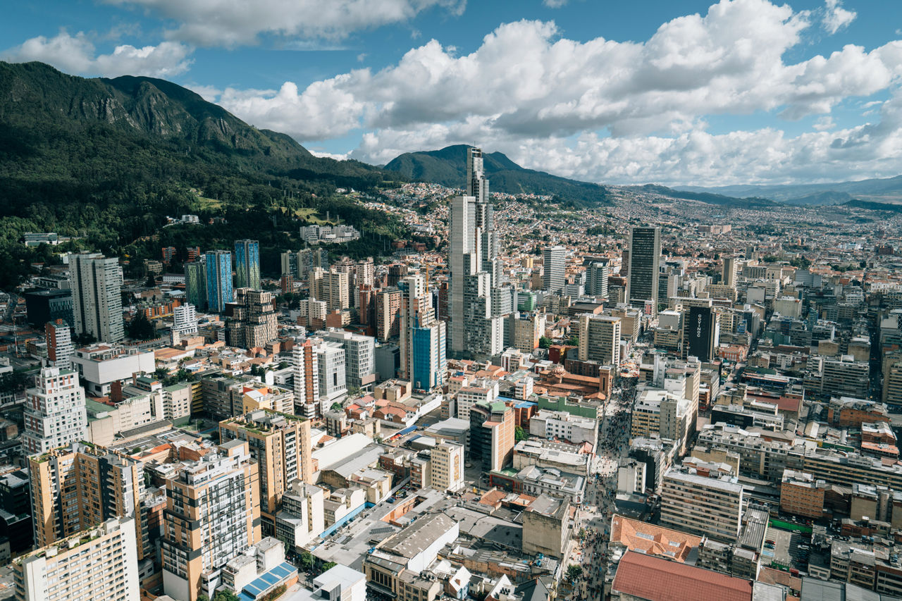 Avenida urbana arbolada con infraestructura peatonal y edificios al fondo